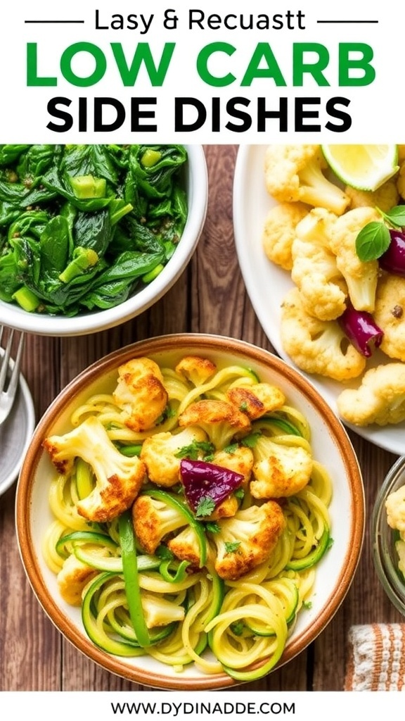 A colorful assortment of low carb side dishes including sautéed spinach, roasted cauliflower, and zucchini noodles on a wooden table.